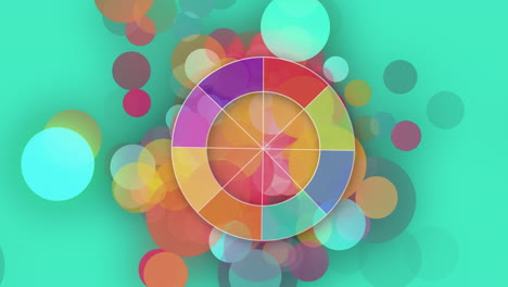 animatie van kleurrijke cirkelvormige scanner en bokeh cirkels van licht drijvend op turquoise achtergrond