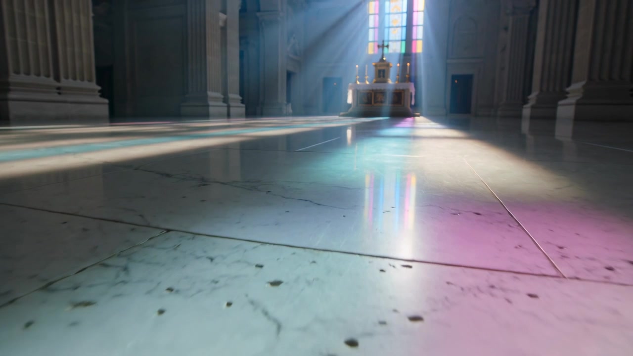 La luz del sol proyecta franjas de vidrieras a través del pasillo de mármol en la nave, guiando la cámara hacia el altar.