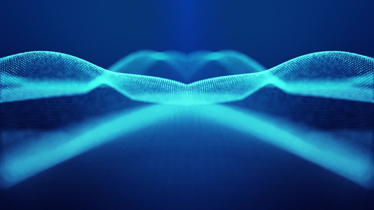 Sci-fi abstract theme with particle waves. 4k looped abstract blue background of glow particles form curved lines, surfaces simmetrical structures. Digital background with particle hologram.