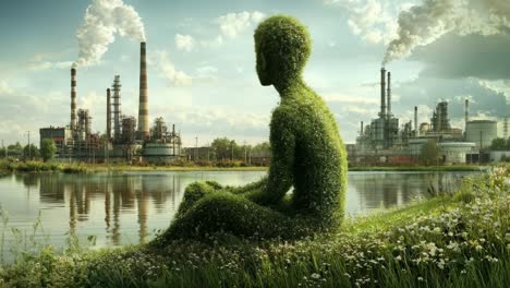 a vibrant figure, clad in green, thoughtfully observes the stunning landscape harmoniously blending nature and industry beside the river