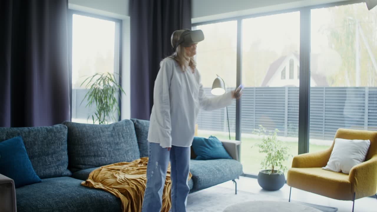 Woman using VR in living room