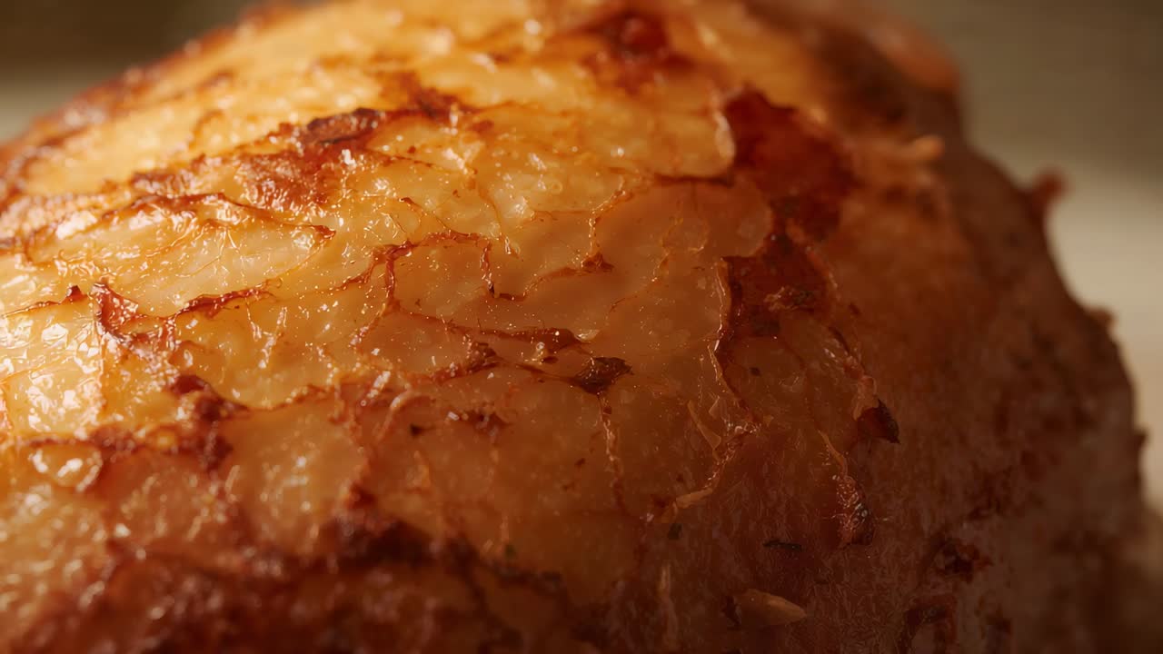 Camera shifting downward, revealing roasted drumstick on plate, showing gloss, crisp skin, bone tip