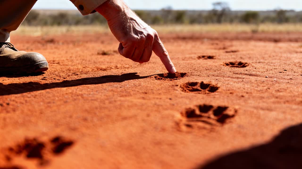 Tracciamento impronte di zampe: un tracker indica e tocca le impronte con il dito indice, stivale su una pianura rossa.