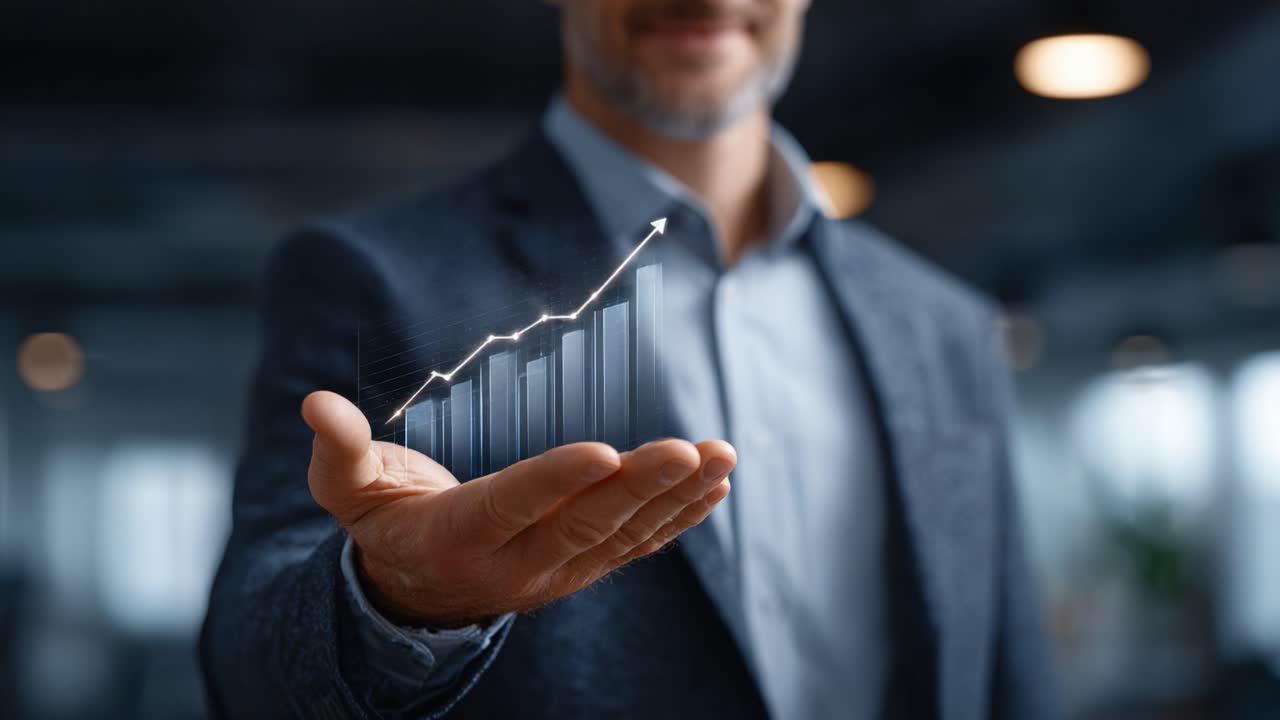 A Professional Presenting Graphical Data Visualization in a Business Environment, Reflecting Growth and Trends with a Futuristic Digital Touch