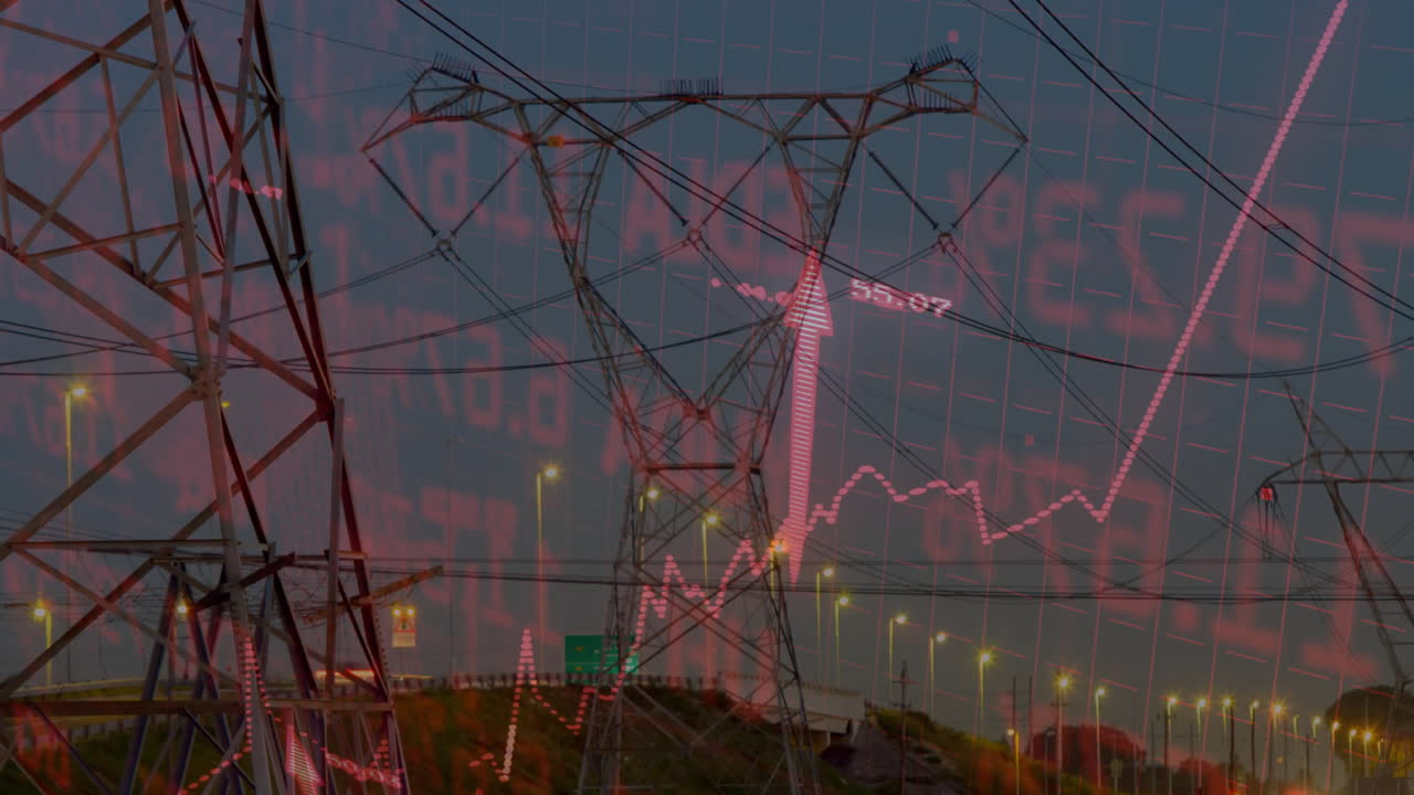 Overlaying financial data and stock market graph, power lines in scene