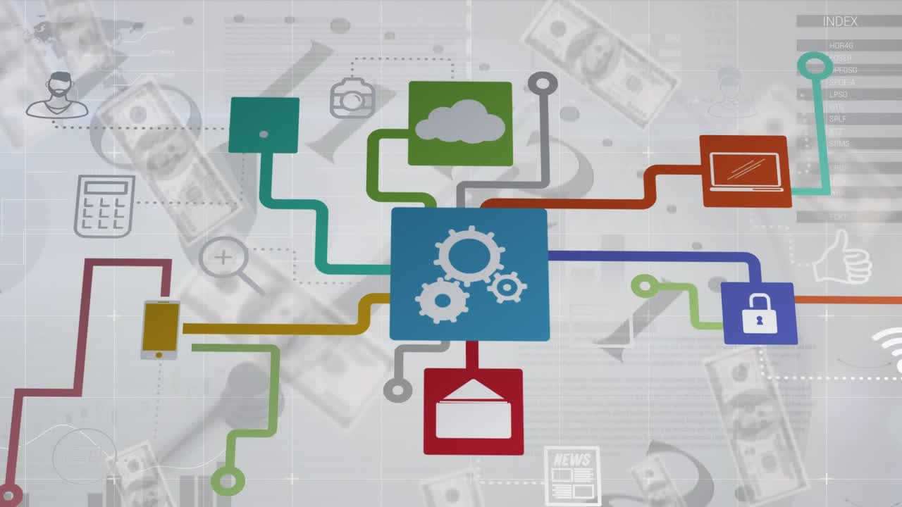 Animation of network of connections, statistics and financial data processing over grid