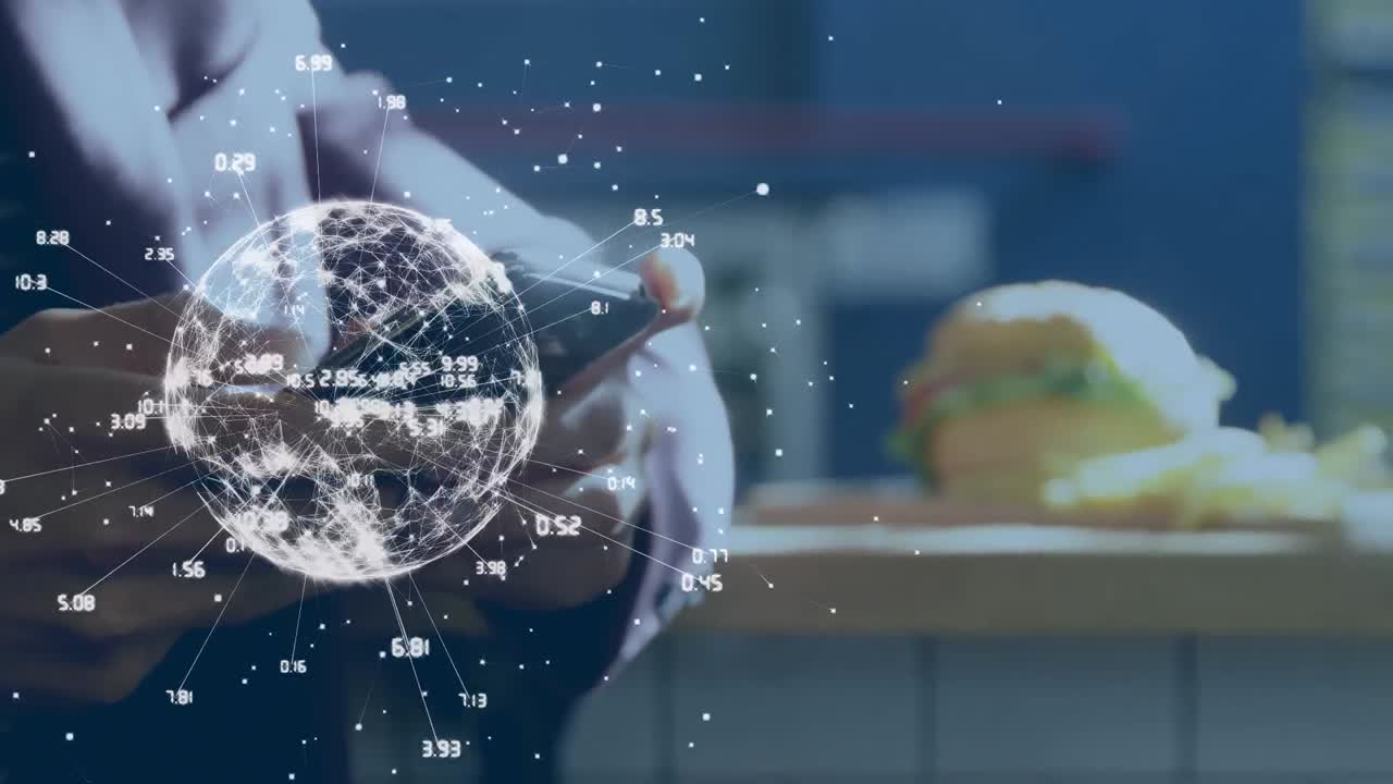 스마트 폰을 사용하는 코카시안 사업가 위의 숫자와 지구의 애니메이션