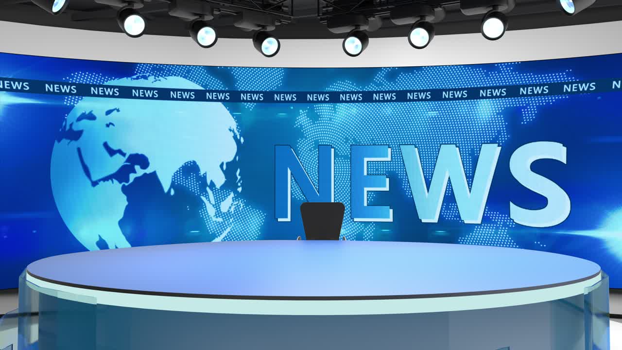 Tv studio. News room. Blye and red background. General and close-up shot. News Studio. Studio Background. Newsroom bakground. The perfect backdrop for any green screen or chroma key video production. Loop. 3D rendering