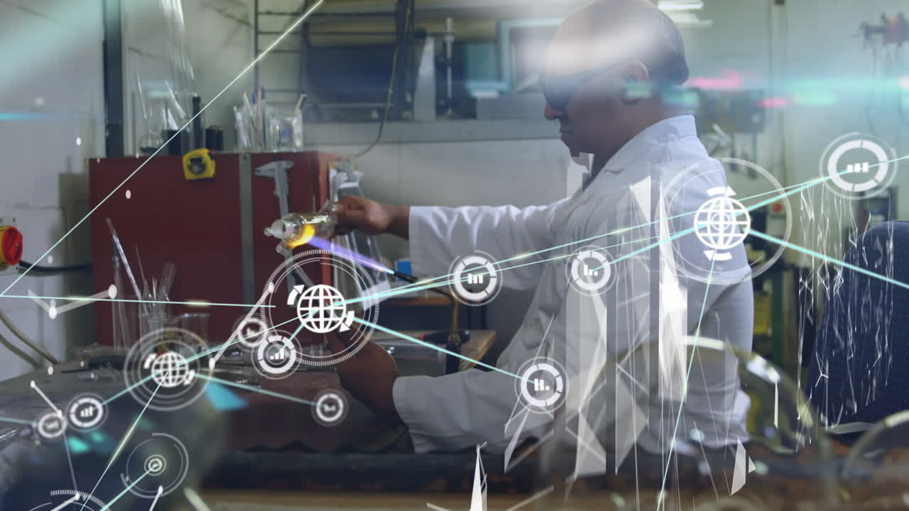 animación de una red de conexiones con iconos sobre un trabajador de laboratorio caucásico