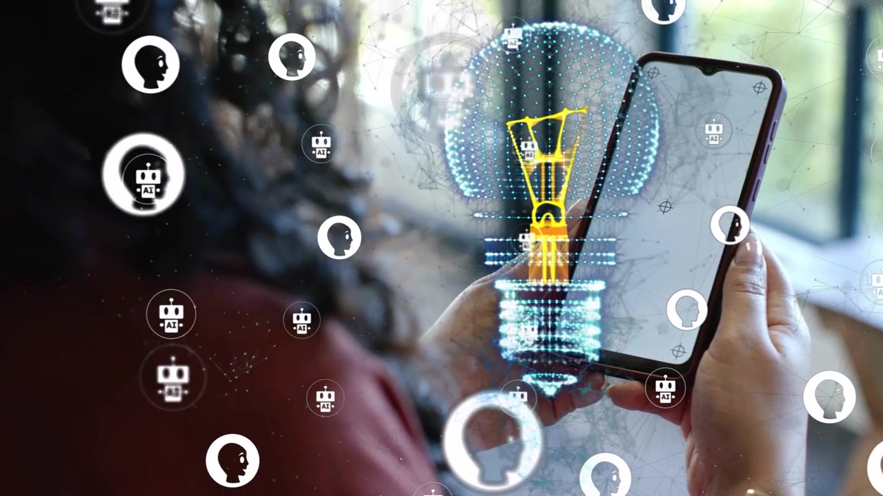 Woman holding phone by window, tilting phone and revealing AR lightbulb while AI icons orbiting