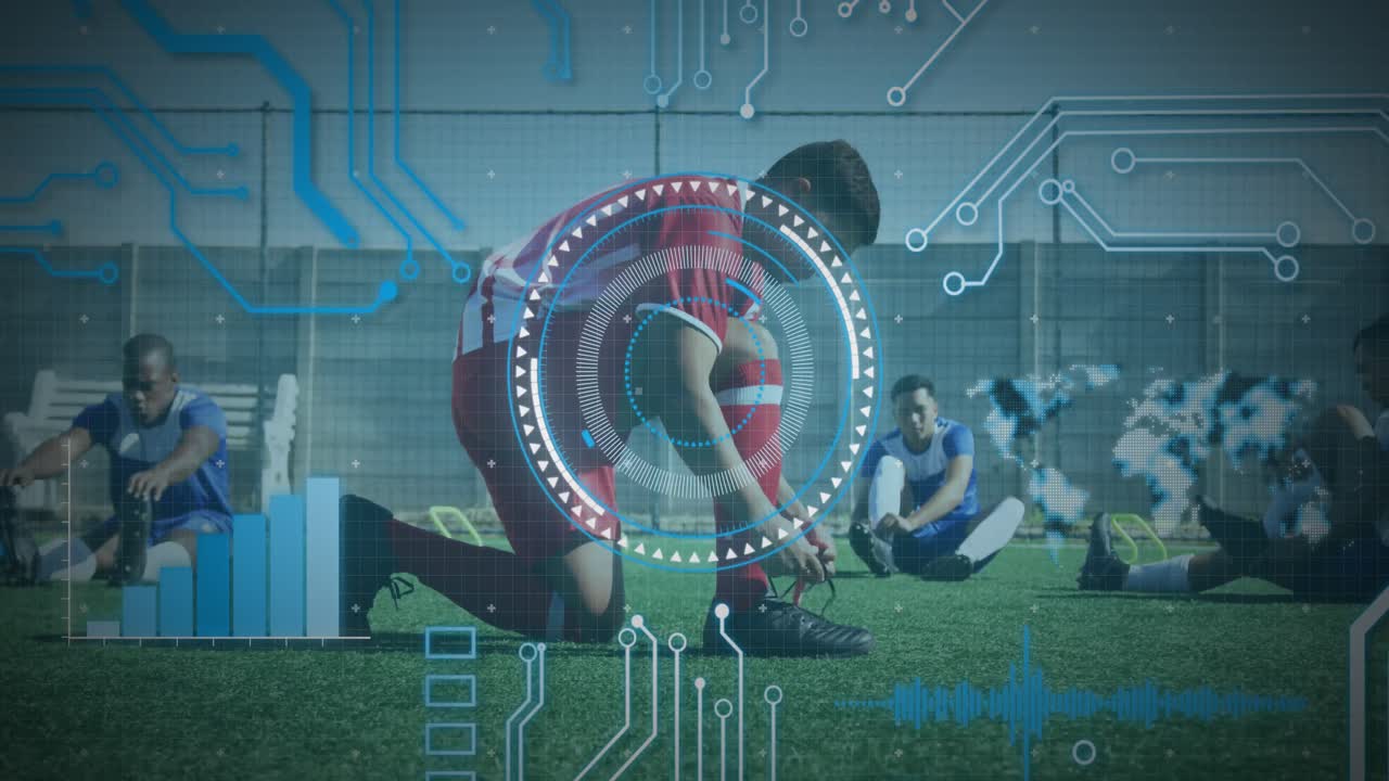 남성 축구 선수가 신발 ⁇ 을  ⁇ 는 것에 대한 둥근 스캐너와 마이크로프로세서 연결