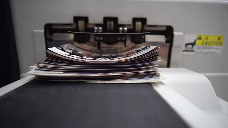 Images printed on photographic paper in photo printing lab studio