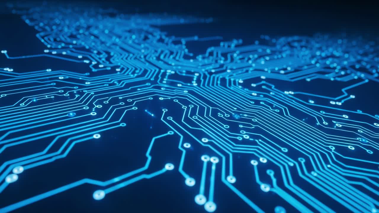 Intricate Blue Circuit Board Design Showcasing Advanced Technology with Detailed Lines and Connecting Points for Electronic Innovation and Engineering Visualization