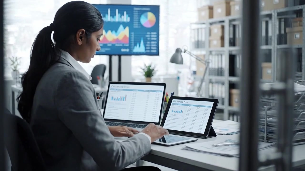 Professional Female Analyst Reviewing Data on Multiple Screens in Modern Office Environment, Focusing on Charts and Financial Indicators for Business Insights