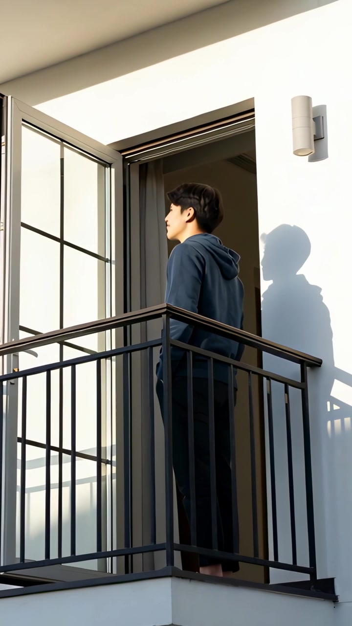 Video verticale: Uomo che entra da una porta aperta, alla ringhiera del balcone, si gira per osservare il panorama, con felpa con cappuccio, spazio per il testo.