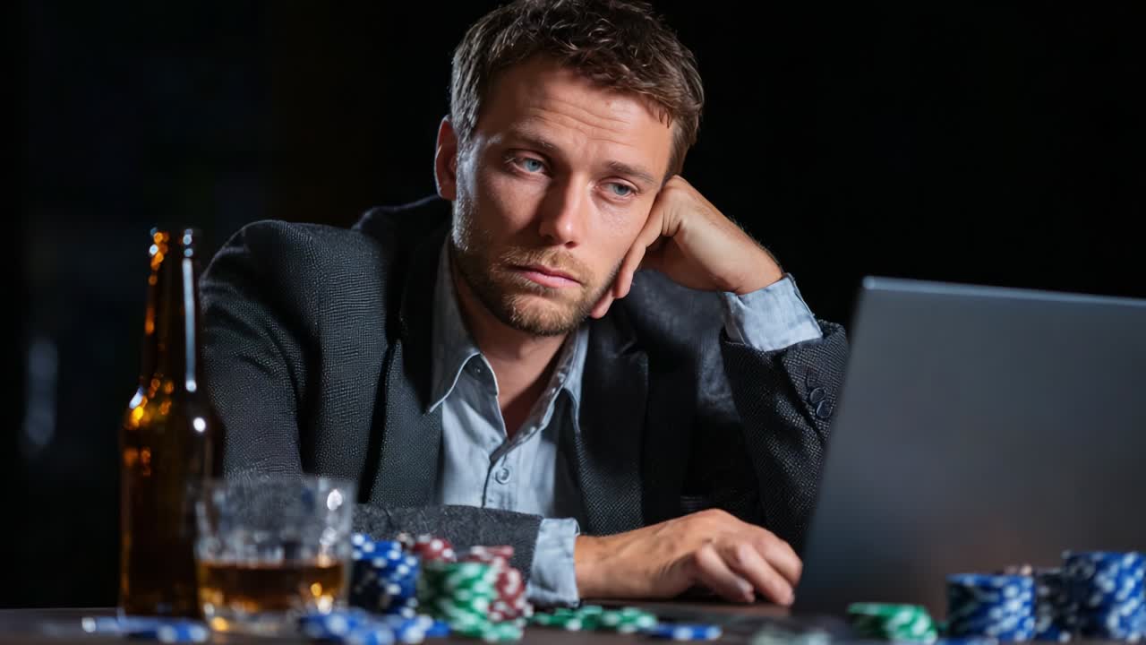 A pensive man reflects on his decisions at a poker table, surrounded by chips and drinks, lost in thought about the uncertainties of gambling and the weight of choice in a high-stakes game
