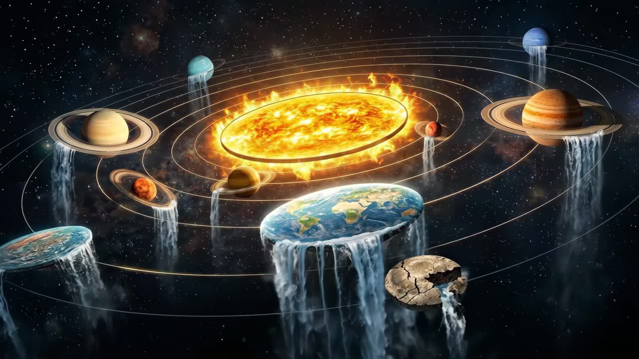 Conceptual Flat Earth Solar System with Water Flowing from Planets