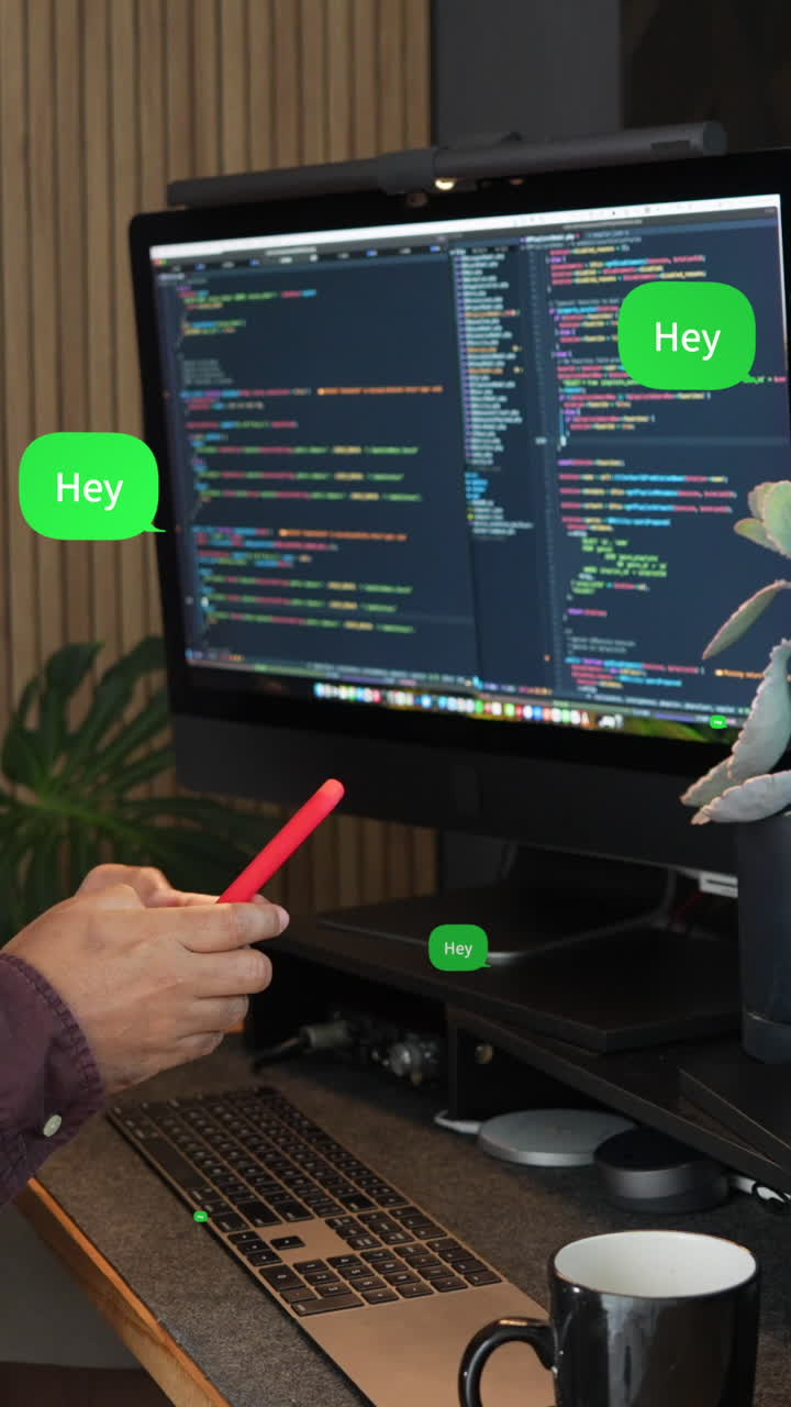 IT engineer working with code on a dual-screen setup. Vertical video captures the modern tech environment with sleek design, natural lighting, and focused concentration
