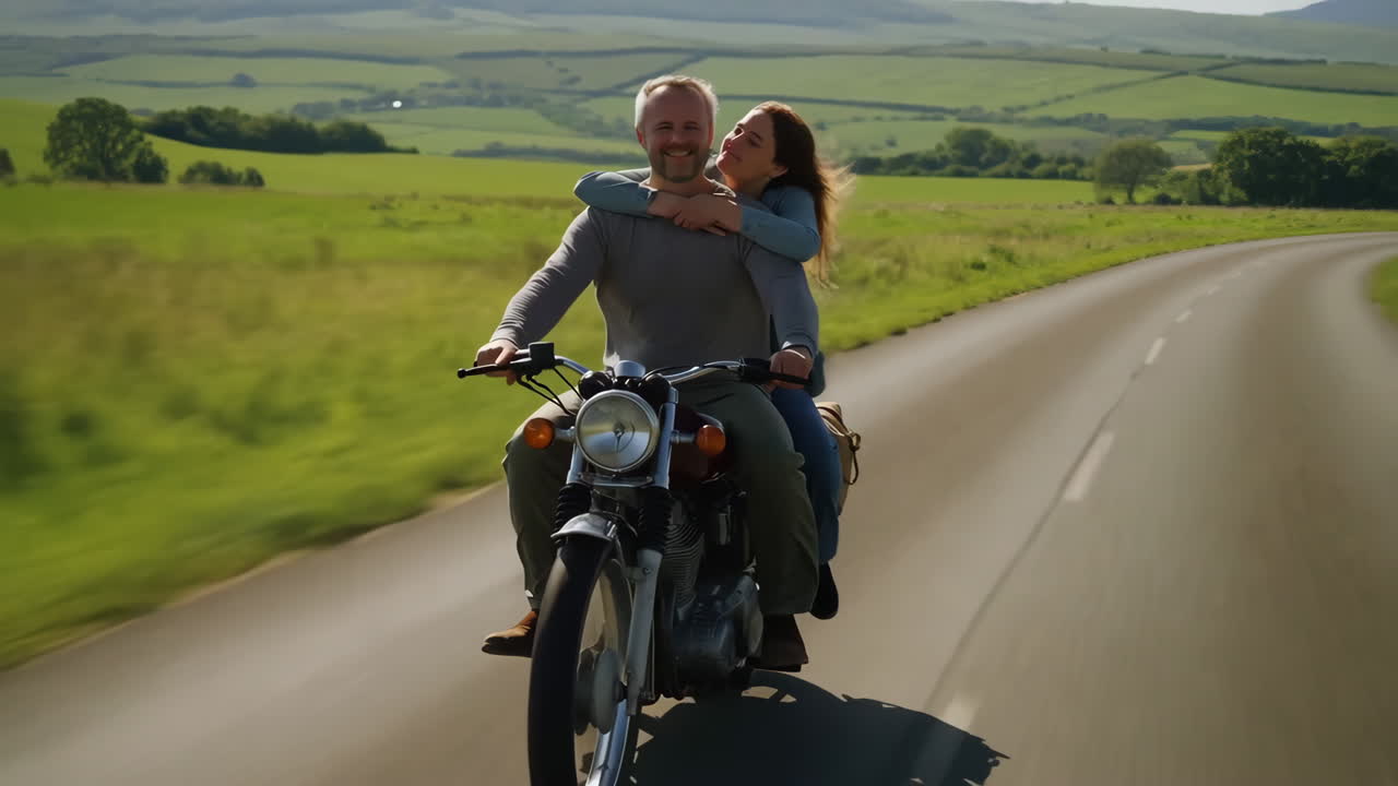 Couple Riding Motorcycle on Scenic Country Road