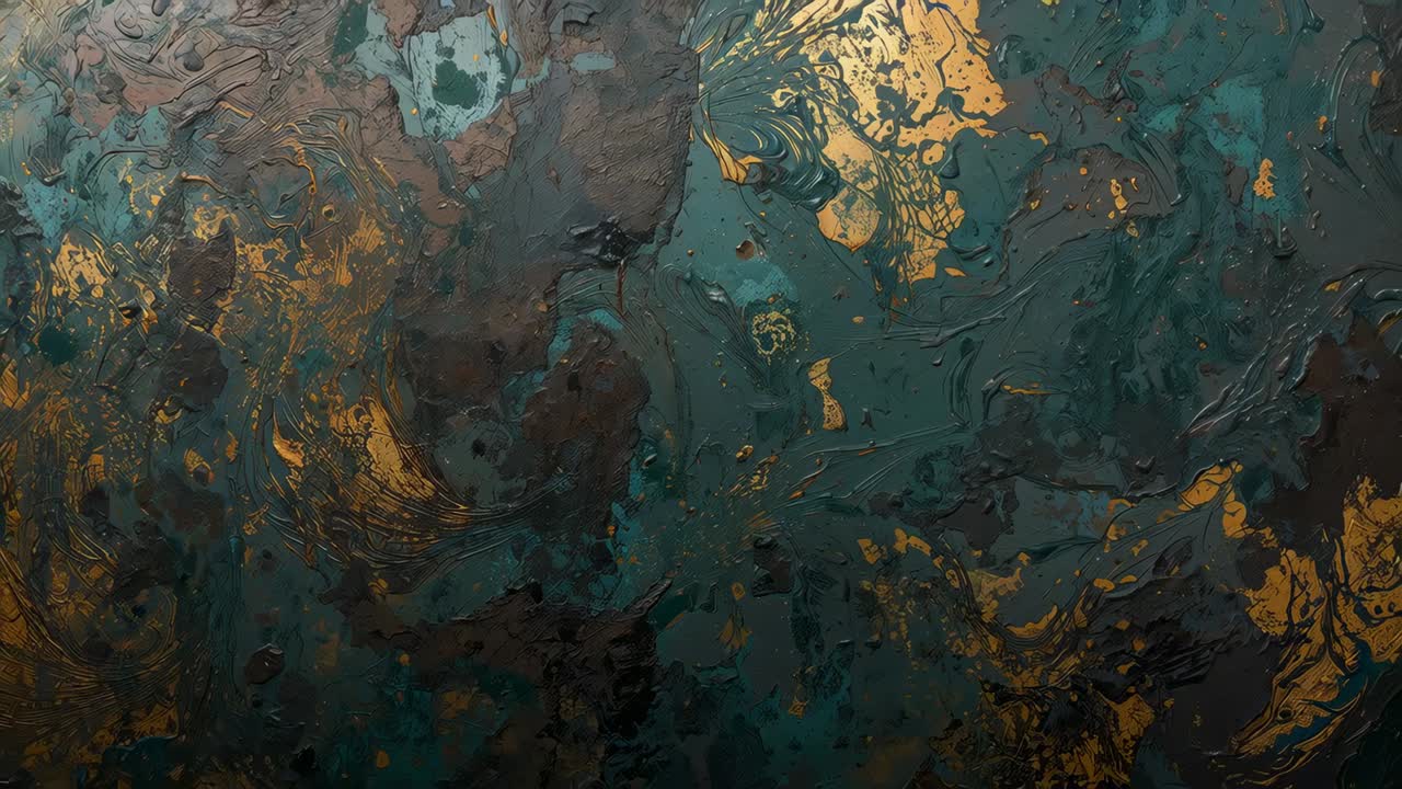 Camera capturing textured canvas in studio, moving and warming light revealing teal, gold, impasto