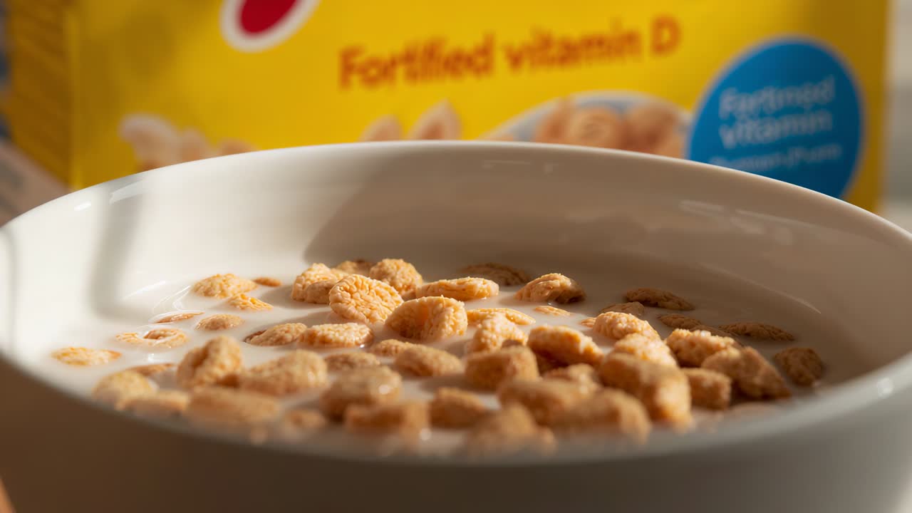 Pushing camera showing bowl of cereal puffs after milk pouring on counter Fortified vitamin D