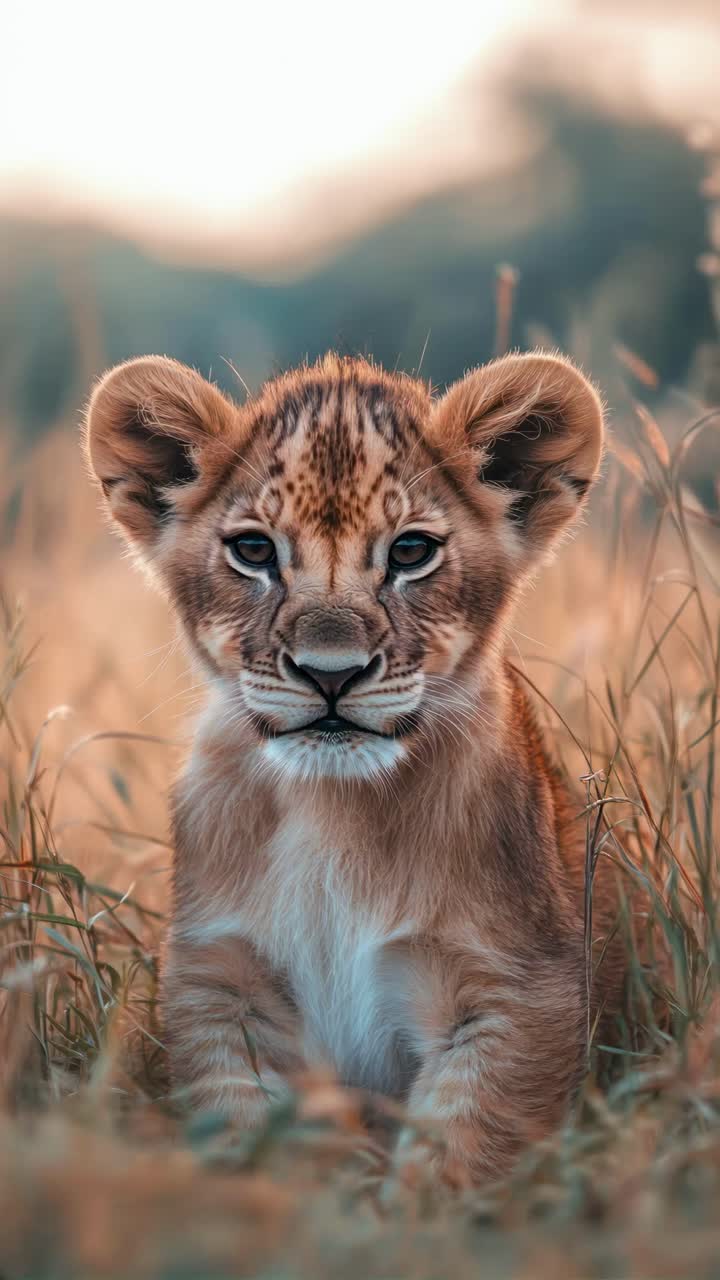 A close-up, eye-level shot of a lion cub in a sunlit savannah, capturing its curious gaze