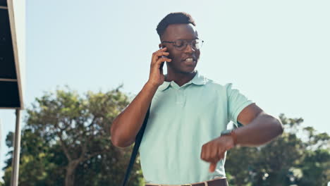 Phone-call,-time-and-business-black-man-in-city