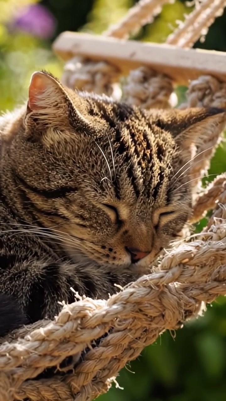Un gatto pacifico si gode un pisolino accogliente in un'amaca, circondato da una vegetazione lussureggiante in una luminosa giornata di sole, perfettamente rilassato e contento nell'abbraccio della natura.