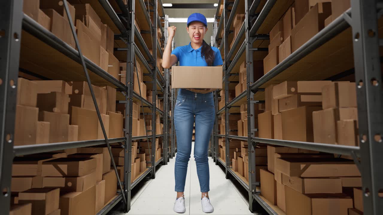 cuerpo lleno de mensajera asiática en uniforme azul celebrando el éxito entregando una caja en el almacén