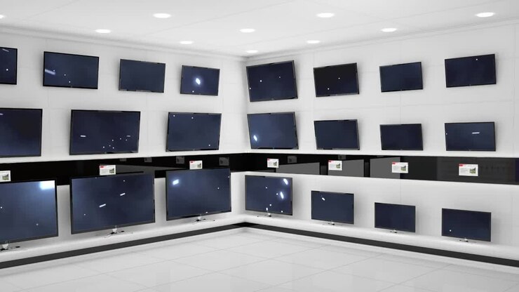 Interno di un negozio di elettronica con video sincronizzati in riproduzione sugli schermi di più televisori.