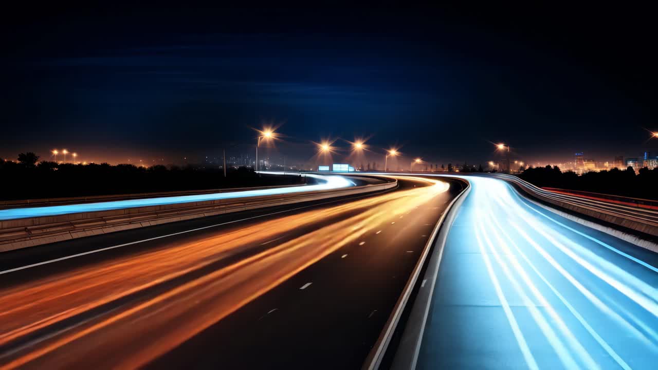 Dynamic long-exposure shot of a highway at night, capturing light trails from cars