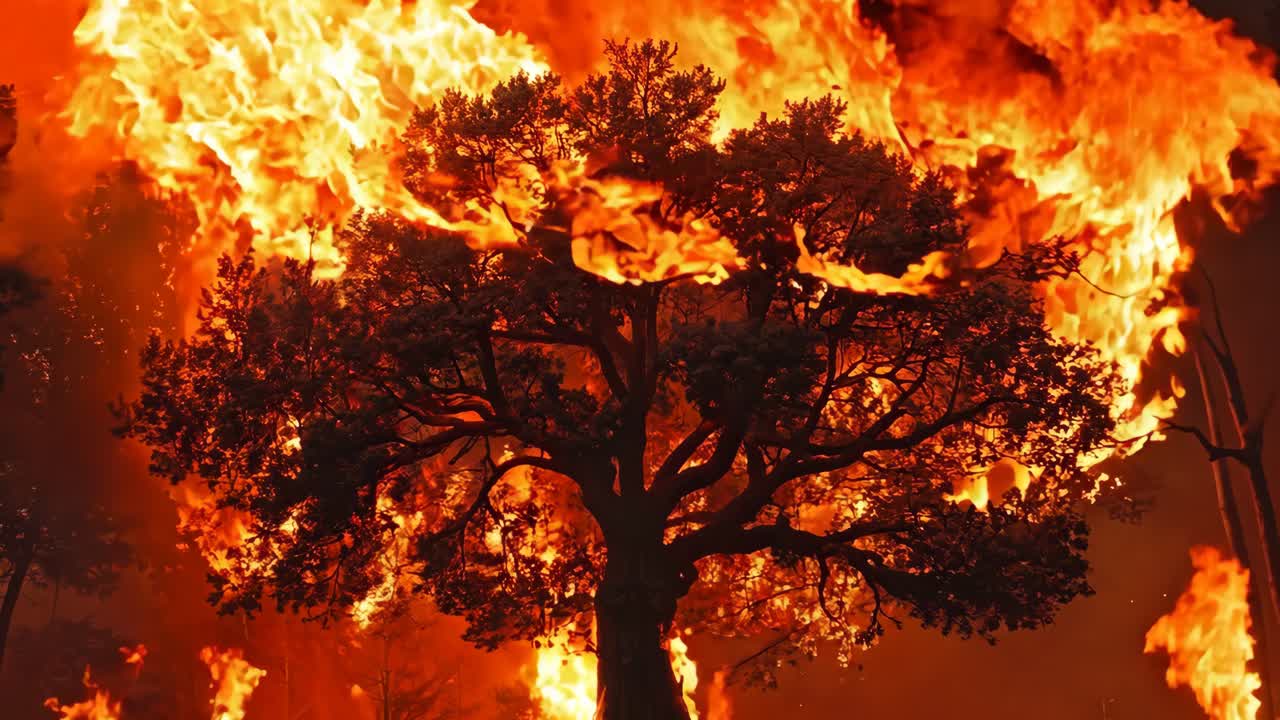 큰 나무가 숲 한가운데에서 불꽃에 싸여 있습니다.