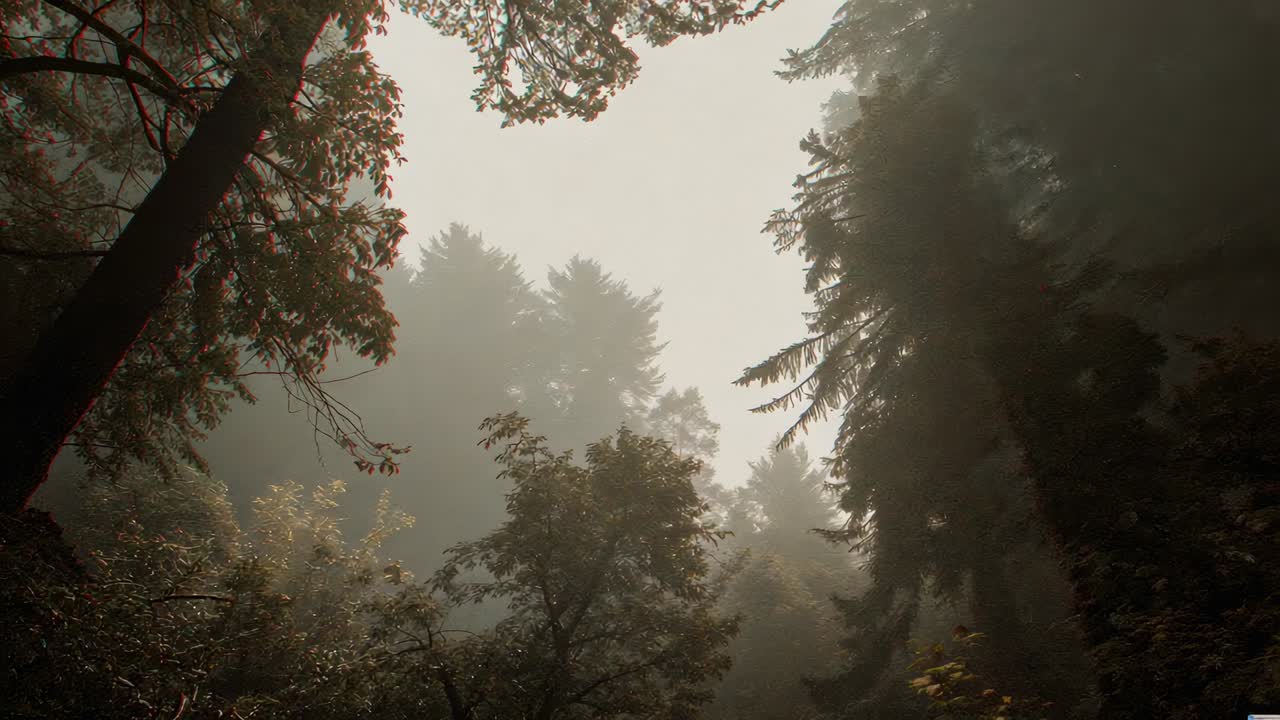 Tilting camera upward and panning right in forest, revealing canopy as sun emerging through mist