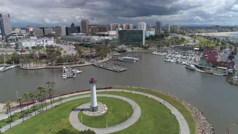 Aerial-drone-footage-of-Downtown-Long-Beach-on-a-cloudy-day