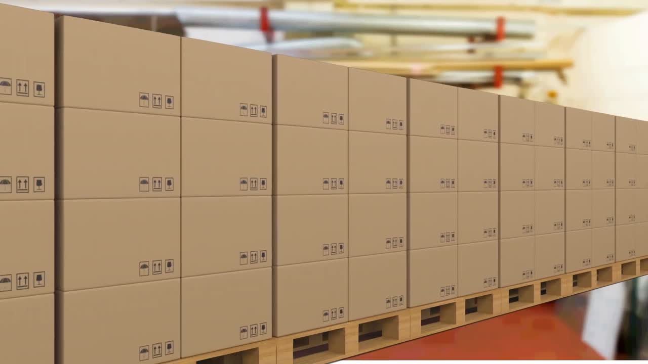 animación de cajas de cartón en cinta transportadora en el almacén