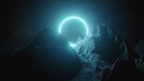 neon circle over mountains at night