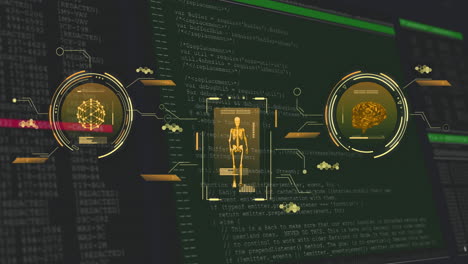 animación del procesamiento de datos sobre el esqueleto y el cerebro