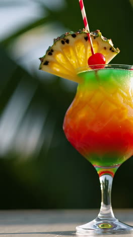 colorful tropical cocktail with pineapple slice and cherry