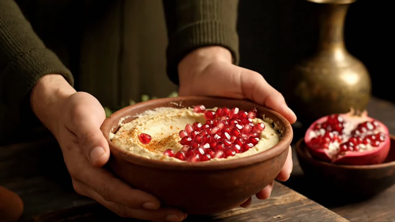 Man's Hands Offering a Rustic Bowl of Hummus with Pomegranate