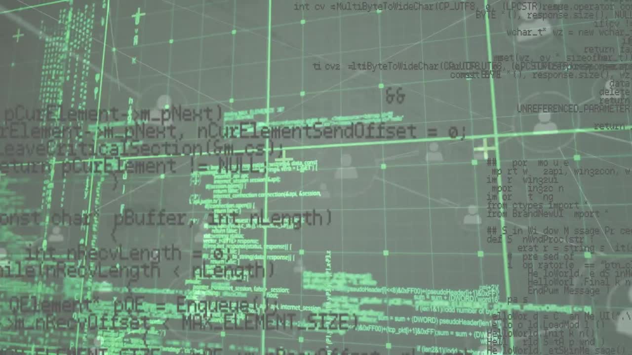 Animation of data processing over grid network against network of profile icons on grey background