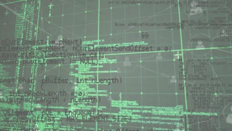 Animation-of-data-processing-over-grid-network-against-network-of-profile-icons-on-grey-background
