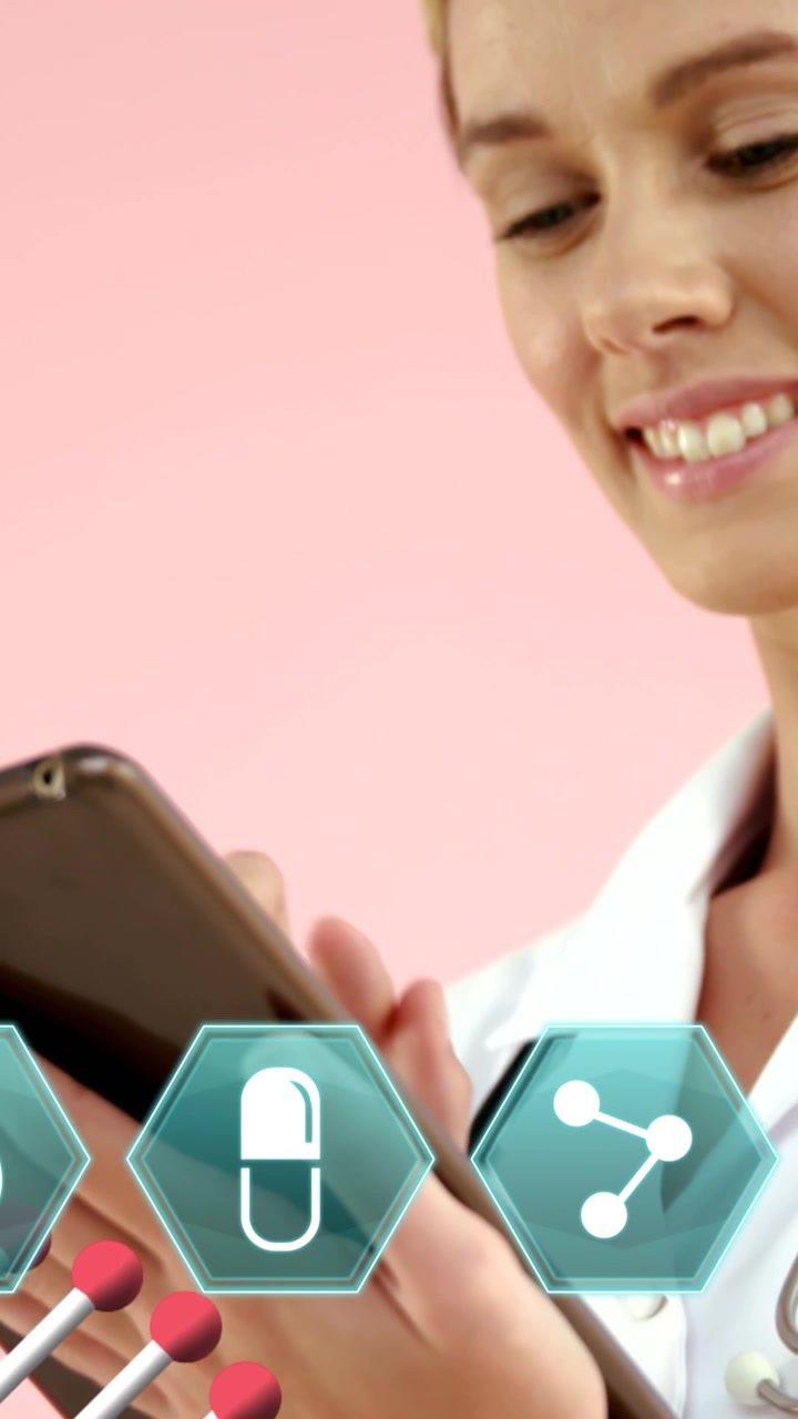 Estructura de ADN e iconos médicos sobre una doctora usando una tableta digital.