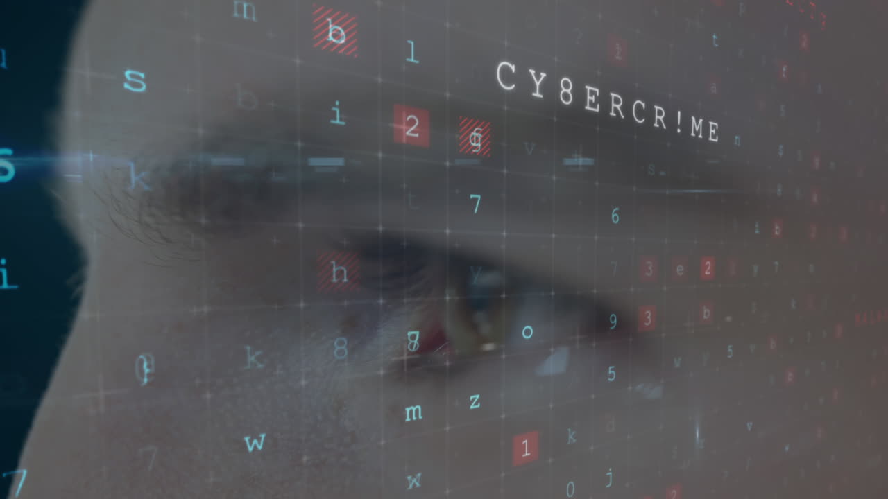 animación de vista de cerca de la frente del hombre caucásico con datos y números flotantes