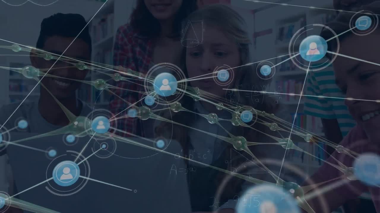 animación de la red de conexiones a través de alumnos adolescentes felices y diversos