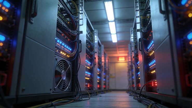 Low-angle camera starting forward revealing server rack aisle in data center, with blinking LEDs