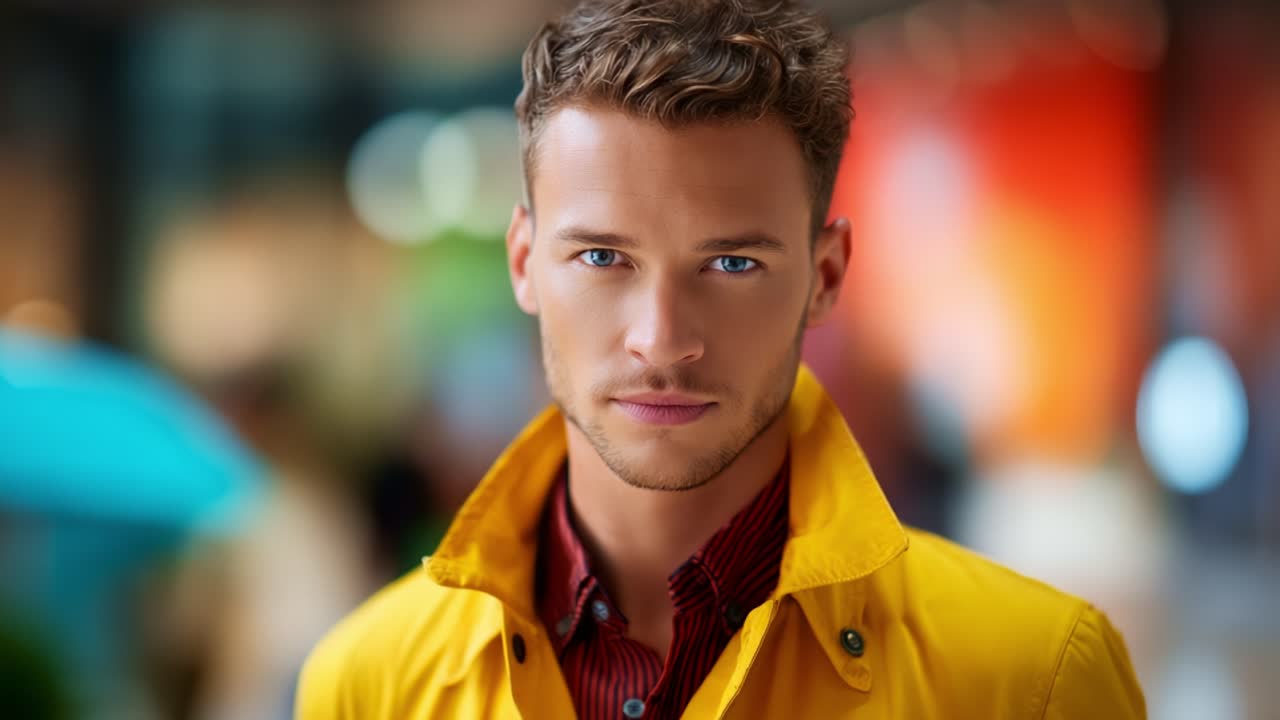 Un ritratto accattivante di un giovane uomo con occhi azzurri sorprendenti e un abbigliamento alla moda, che mostra sicurezza su uno sfondo urbano vivace e sfocato