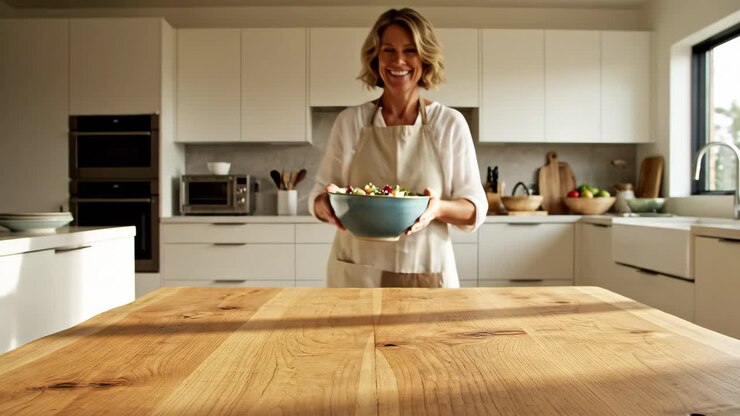 Donna con una ciotola di insalata in cucina