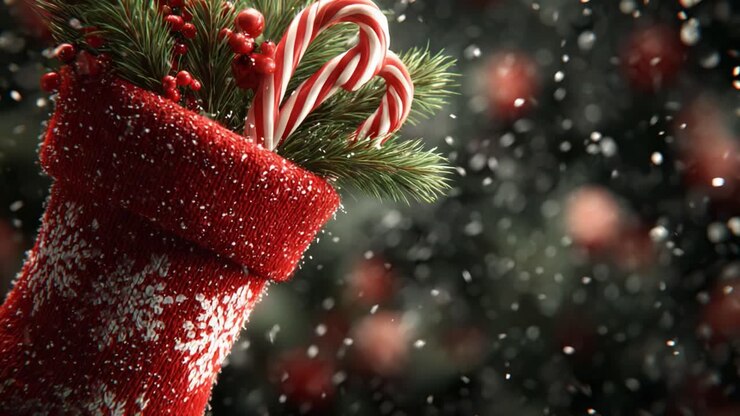 A Festive Christmas Stocking Filled with Candy Canes and Pine, Surrounded by a Winter Wonderland of Falling Snowflakes and Holiday Cheer
