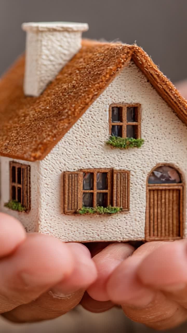 Una persona tiene tra le mani una casa in miniatura dettagliata, che mette in mostra la bellezza dell'artigianato e il concetto di casa, enfatizzando le sensazioni di calore e sicurezza.