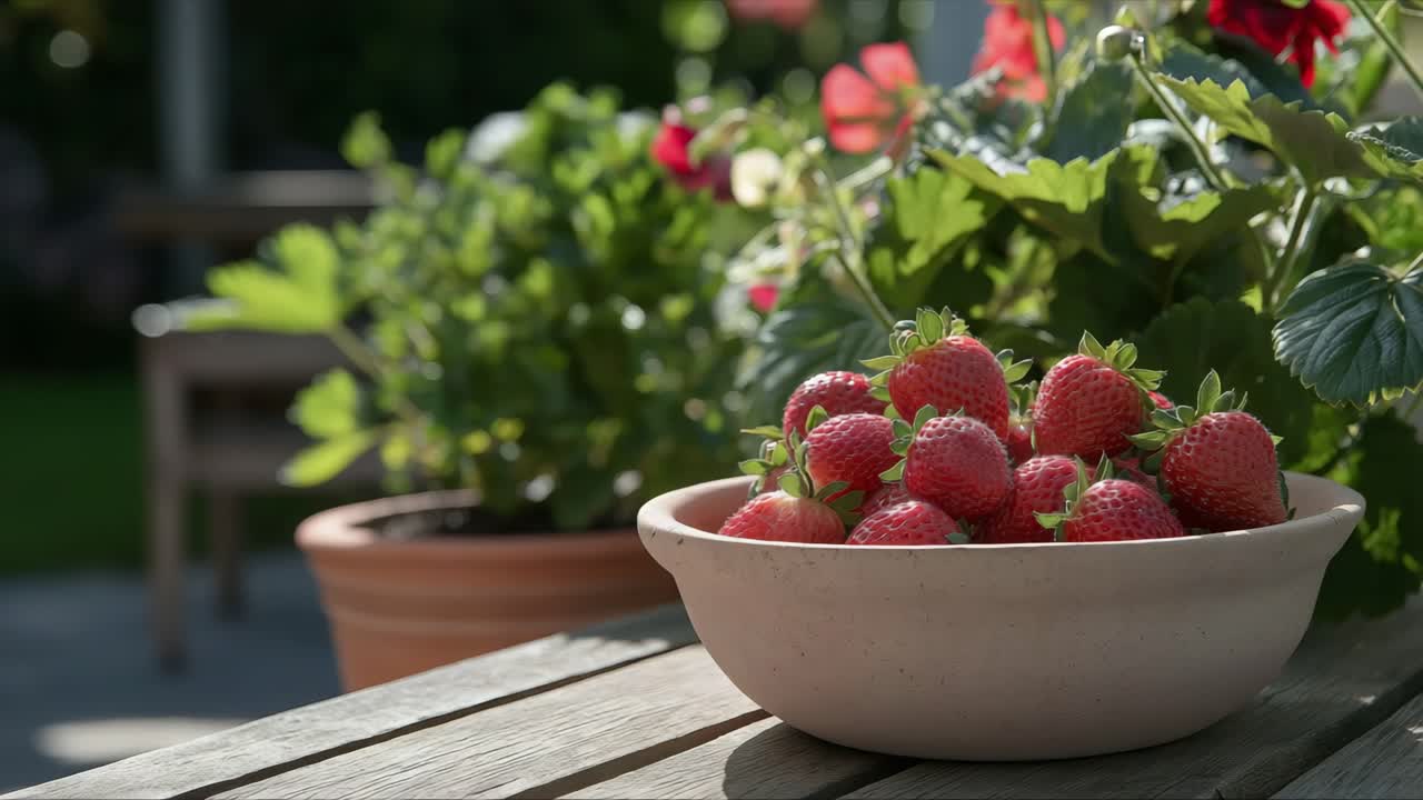 Strawberries are artfully displayed in a bowl on a rustic wooden table, with lush greenery and blooming flowers creating a peaceful outdoor atmosphere